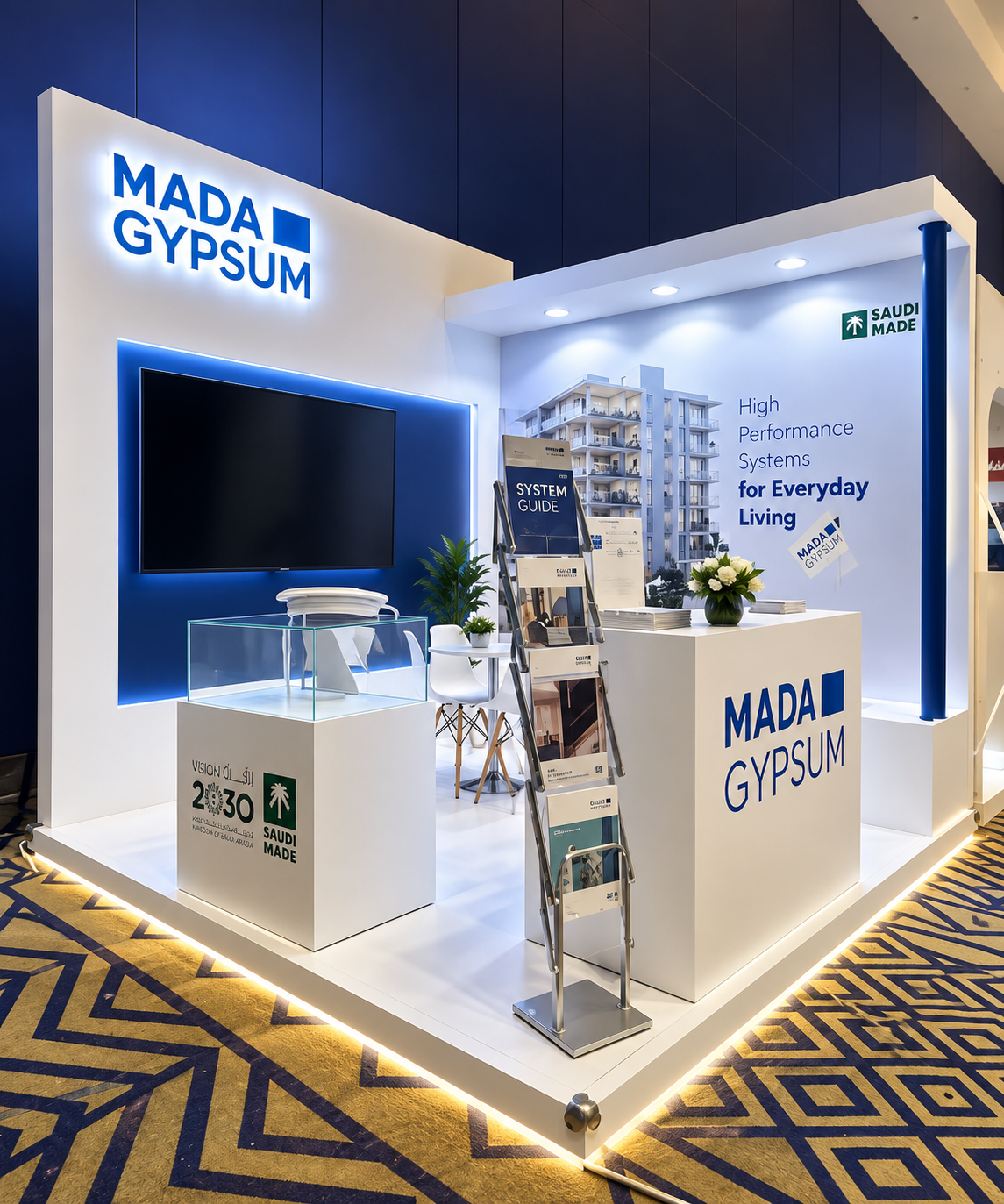 تصميم وتصنيع وتنفيذ جناح مدى للجبس في منتدى الإسكان والتنمية الحضرية المستدامة بالرياض بواسطة زونكس لإنتاج الفعاليات