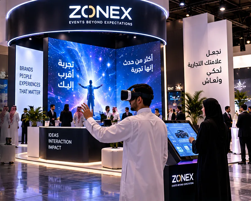 زائر يجرب تجربة تفاعلية وشاشة لمس داخل جناح معرض